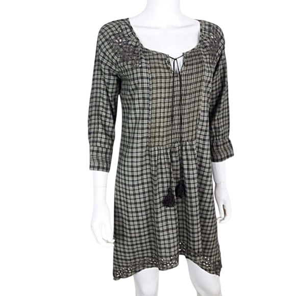 Johnny Was Mini Dress Plaid Eylet Womens Size XS Olive Green Brown - Picture 1 of 9